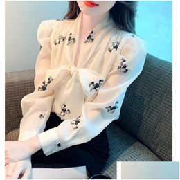 Blouses Femmes Chemises Femmes Élégant Bowknot Chemisier En Mousseline De Soie Mode Blanc Business Casual Office Lady Puff Manches Longues Lâche Tops Drop Otdhk