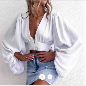 Femmes Blouses Chemises Femmes Mode Sexy Col En V Profond Bouffée À Manches Longues Blouse Plis Tops Automne Printemps Solide Couleur Recadrée 230509