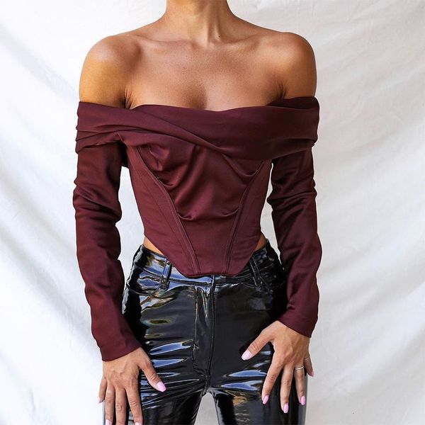 Femmes Blouses Chemises Femmes Hors Épaule Satin Corset Tops À Manches Longues Slash Cou Vin Rouge Élégant Sexy Dos Nu Top Recadrée 230516