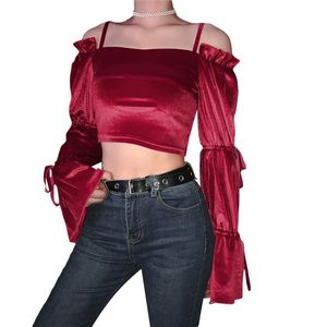 Femmes Blouses Chemises Femmes Printemps Automne Jarretelles Blouse Flare À Manches Longues Crop Tops Minceur Wrap Cheat Plissé Club Soirée De Mode 230726