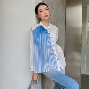 Chemisiers pour femmes Chemises ZCSMLL Designer Bleu Blanc Patchowrk Chemise boutonnée pour femmes Haut plissé à manches longues et chemisier à col de mode