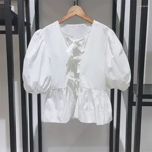 Dames blouses lente zomermeisjes vloeistof peplum top in katoenen puff mouw zwart wit schattig voor vrouwen mode 2024