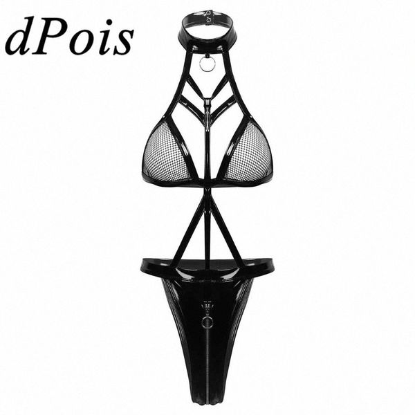 Traje de mujer de una pieza Wet Look Charol Sexy Body Suit Halter Neck Fishnet Copas con cremallera en la entrepierna Corte alto Tanga Leotardo I1mz #