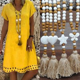 Collier à pampilles en perles de bois pour femmes, longue chaîne bohémienne, mode, papillon, cœur, étoile, croix, pierre Turquoise, bijoux 274D
