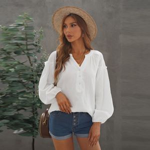 Boho Boho Blouses Tops Sexy V-Neck Shirts Shirts Front Bouton Bouton Blanc White T200803