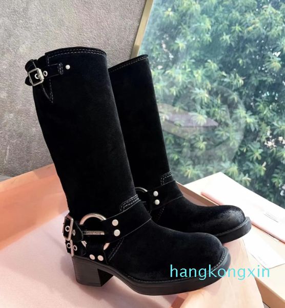 Botas para mujer Bottes barriles medianos nuevo tacón alto elástico cadena de perlas pequeño tobillo tacón alto único