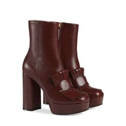 Botas para mujer Bota de tobillo con plataforma de diseñador con flecos Botas para la nieve Botines Marmont Tacones altos Bota de abeja Zapatos de invierno de cuero real 35-42 NO29