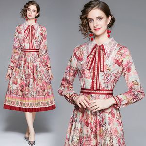 Femmes Boutique Bow imprimé robe à manches longues 2022 printemps automne robe plissée haut de gamme élégant dame robe fête robes de soirée