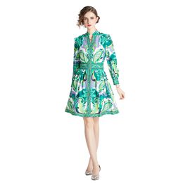 Dames boetiek gedrukt lange mouw 2023 lente herfst shirt jurk high-end dame v-neck hoge taille jurken222