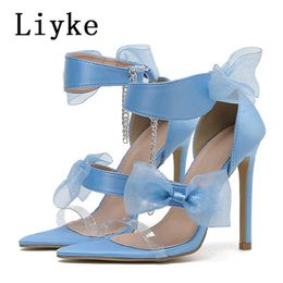 Womens Bowknot Liyke Sandals Satin Summer Blue Elegant Pointed Open Toe Thin High Heels Ankle Strap Transparent Shoes Size35-42 T221209 212