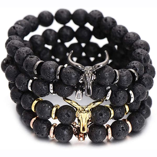 Joyería de mujer, pulsera con hebras Punk CZ, cabeza de toro, calavera para hombre, moda de 8mm, cuentas de piedra de Lava, pulseras con dijes, brazaletes, regalo de macramé