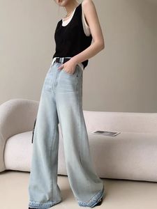 Dames Burr Edge Design Wash Blue Baggy Jeans Cool Girl High Tailed Losse dunne broek vrouwelijke casual brede been denim broek 240401