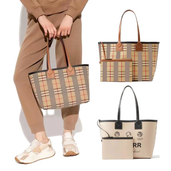 Classic Womens London Canvas Sac fourre-tout à bandoulière pour hommes double face Grande capacité Mère Shopper Sac à main Stripe Plaid Poignée supérieure Designer Gym Crossbody Pochettes