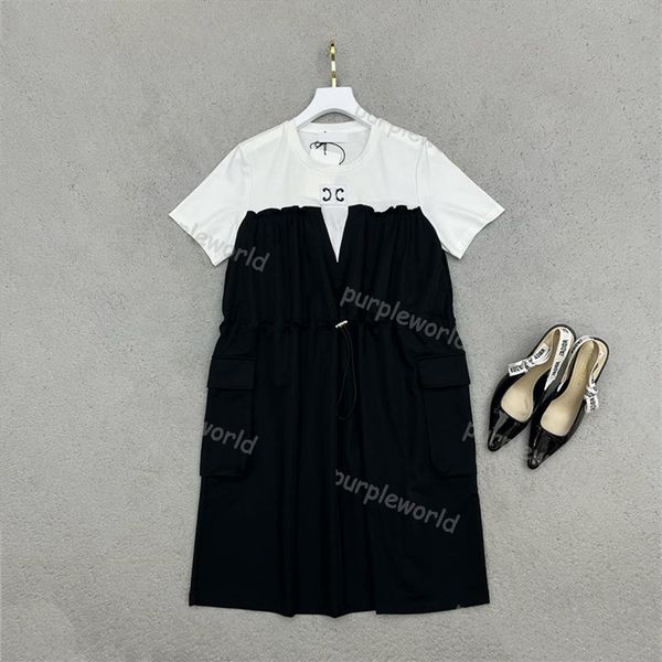 Femmes tenue décontractée classique noir blanc contraste robe mode cordon taille élastique été à manches courtes vêtements 237C