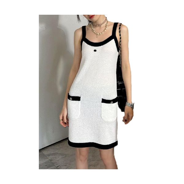 Robe décontractée pour femmes Gilet à bretelles sans manches Haut sexy Jupe à fond plat en laine tricotée Veste ajustée pour femme Robe de soirée d'été S-L