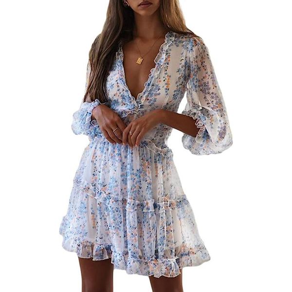 Robes décontractées pour femmes printemps été col en V profond à volants manches longues imprimé fleuri Mini robe