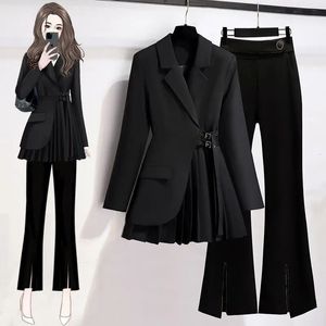 Dames casual jasje bijpassende set Koreaanse elegante lente en herfst unieke set jas + split zwarte broek tweedelige dameskleding 240312