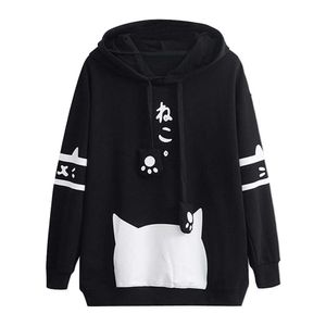 Womens Casual Lange Mouw Hoodies Kitty Cat Print Pocket Dunne Hoodie Sweatshirts Blouse Top Shirt Harajuku Coat Dropshipping Y0820