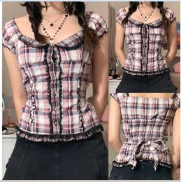 Dames casual geruite T-shirts Tees Soft single-breasted button tops roll korte mouwen geboeid blouse shirts