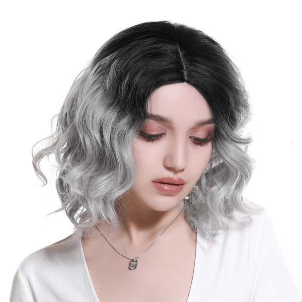 Centre des femmes Split Splid Fluffy et à la mode Couleur de gradient courte Wig Synthétique Fibre synthétique Perruque complète