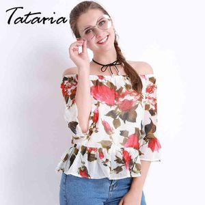 Womens Chiffon Blouse Patroon Off Shoulder Dames Tops Dames Blusas Zomer Shirt Vrouwelijke Kleding Tataria 210514