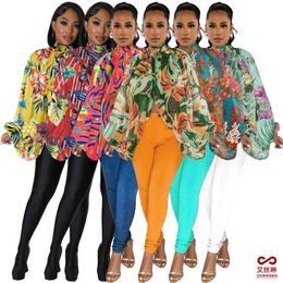 Dames chiffon shirt vleermuis mouw top mode vetersluiting bedrukte hoge kwaliteit blouses voor dames lange mouwen losse tops kleding