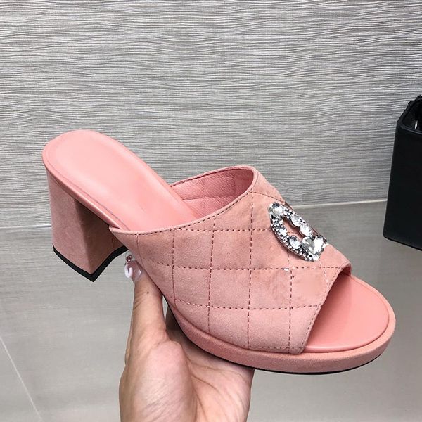 Femmes Talons Chunky Sandales Slip On Pantoufles Designer Daim Strass Pierre Slies Bouts Ronds Mules Chaussures De Plage En Plein Air Chaussure Décontractée Gris Noir Pêche Rose Chaussure De Loisirs