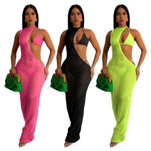 Dames klassieke kleding sexy 3-delige set visnet halter jurk met één schouder en bikini strand 240326