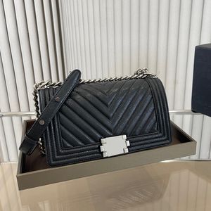 Dames klassieke klep gewatteerde jongen kaviaar lederen zakken chevron lijn v-steek verouderde zilver verstelbare schouderband crossbody schouderontwerper handtassen 25 cm 6 kleuren