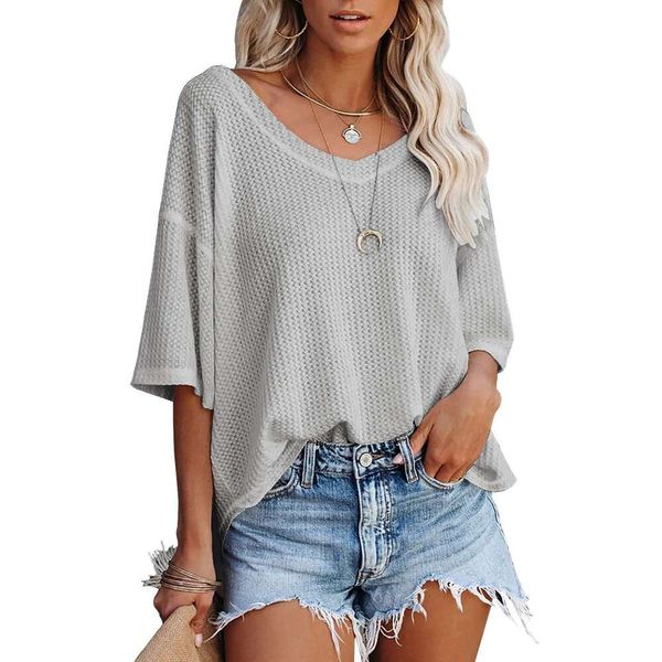 Vêtements pour femmes Summer Nouveaux chemises de cou de cou Bat Waffle Waffle tricoté en t-shirt à manches courtes solides en vrac pour femmes T-shirt en vrac G7O9