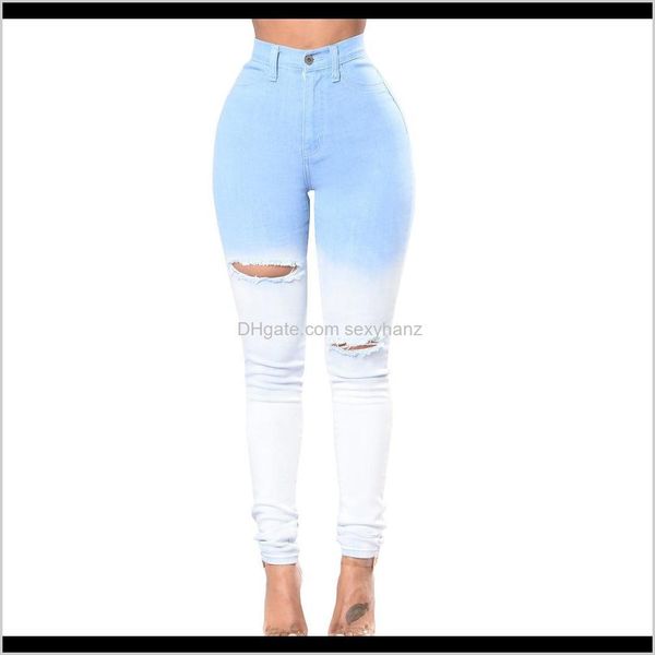 Topshop Jeans Ropa para mujer Ropa Otoño Azul y Blanco Color degradado Sexy Cintura alta Pies Jeans Mujeres Bolsa apretada Pantalones de cadera Wodif