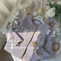 Ropa de mujer Chaquetas de otoño fragancia cárdigan de gama alta felpa lavanda púrpura cadena de tweed grueso abrigos cortos 230226