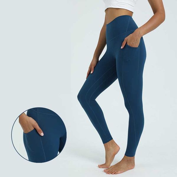 Ropa de mujer Leggings Mujer Pantalones de yoga Fitness Ejercicio Nude Sanded Peach Hip Multi-bolsillo Stretch Medias amigables con la piel