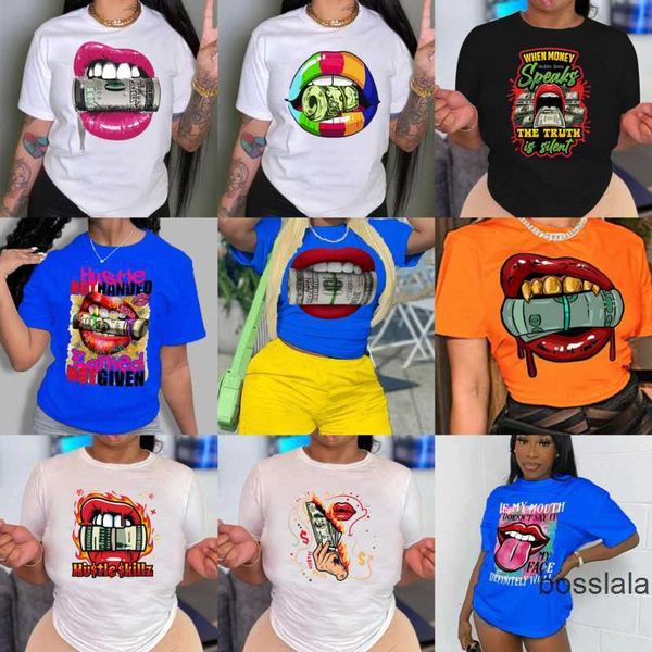 Ropa de mujer Tallas grandes Diseñador Camiseta Verano Moda Casual Manga corta Cuello redondo Negro Blanco Tops Labios Dólar estadounidense Impresión independiente