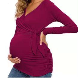 Dames kleding Zwangerschap Shirt Kleding Top lange mouw V-hals zwangerschap Blouses Cross Belt Nursing T-shirt L2405