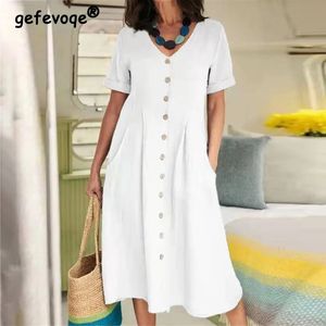 Vêtements pour femmes Summer Casual V cou cou court à manches courtes en coton robe midi midi