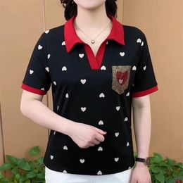 Vêtements pour femmes Summer Stylish Shingestone Tees Imprimez Patchwork Polo Collar T-shirts Ladies Casual Short Sleeve Loose Tops 240528