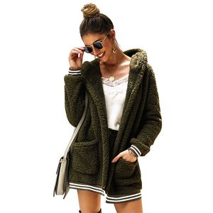 Femmes Manteau À Capuche À Manches Longues Rayé Épissé En Peluche Épais Chaud Solide Couleur Cardigan Poche Long Manteau 53 Z2