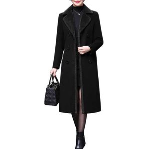 Manteau femme veste d'hiver Double boutonnage col barge plat mi-long laine mélangée caban veste 4QJE9