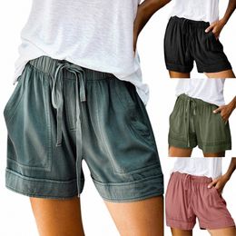 Para mujer cómodo cordón empalme casual cintura elástica embolsado pantalones cortos sueltos pantalones cortos para mujer atlético R8vd #