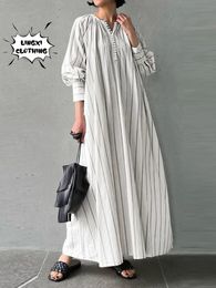 Dames katoenen linnen streep ronde nek lange mouw eenvoudige losse pullover jurk vintage elegant gewaad 240412