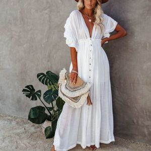 Dames Cover-ups Lange Witte Tuniek Jurk Casual Zomer Vakantie Strand Jurk Vrouw Plus Size Cover Up Jurken Voor Vrouwen Kleding