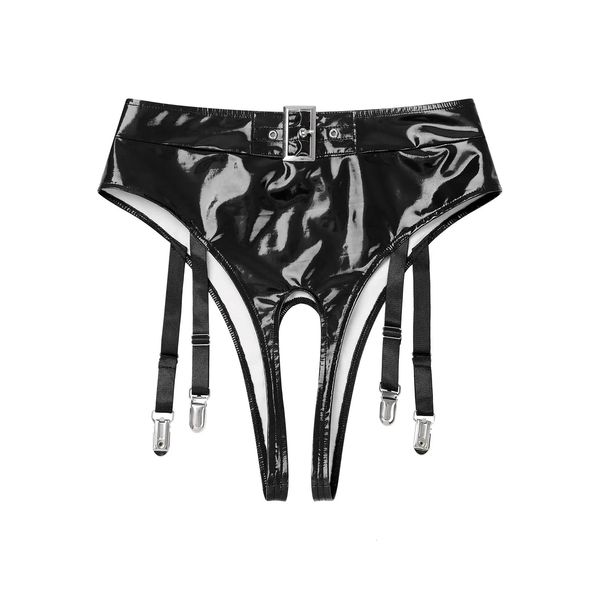 Culotte sans entrejambe pour femmes sous-vêtements en cuir verni aspect mouillé brillant avec pinces à jarretelles tongs taille haute lingerie sexy caleçons 240311