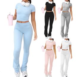 Femmes coupe haut couleur unie col rond 2 pièces pyjama ensemble haut à manches courtes flash pantalon ensemble quotidien vêtements de sport de yoga 240315