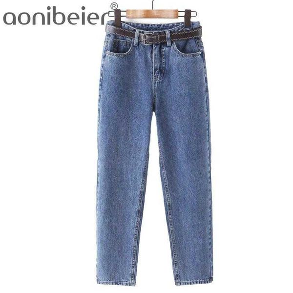 Femmes Demin Pantalon avec ceintures Streetwear Casual Taille haute Lâche Denim Jeans Boutons Poches Femme Printemps Automne 210604