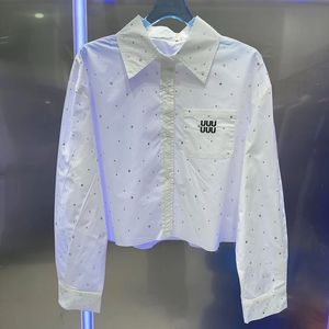 Rhinestone White Women Shirt Designer geborduurd bijgesneden blouse top lange mouw elegante casual shirts luxe blouses tops