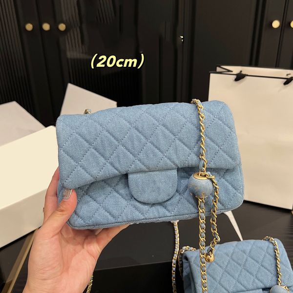 Femme denim classique mini jeans jeans écraser les sacs de balle perle dorés matériel en métal materasse matelasse sacs à main à bandoulière