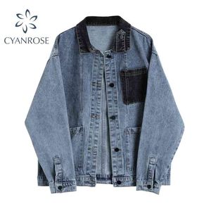 Womens Denim Jacket Jas Wide Revers Herfst Winter Koreaanse stijl Casual Oversize Lange Mouw Blauw Jeans Jassen Vrouwelijke 210417