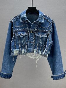 Veste en jean pour femmes printemps été dans l'industrie lourde rivet jean clouté des femmes usées perles ongles top 240423