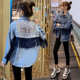 Womens Denim Jas Lente Vintage Bloemen Borduren Suede Fringe Losse Lange Mouw Jean Casual Ropa De Mujer 240311